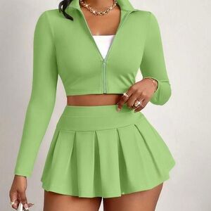 Lime Green Cropped Zip-Front Top & Pleated Mini Skirt Set